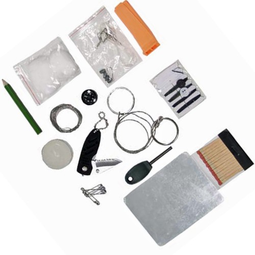 Preview: MFH, combat survival set with signal whistle, sewing set, fishing set, fire starter, universal wire, wire saw, partially serrated knife.....